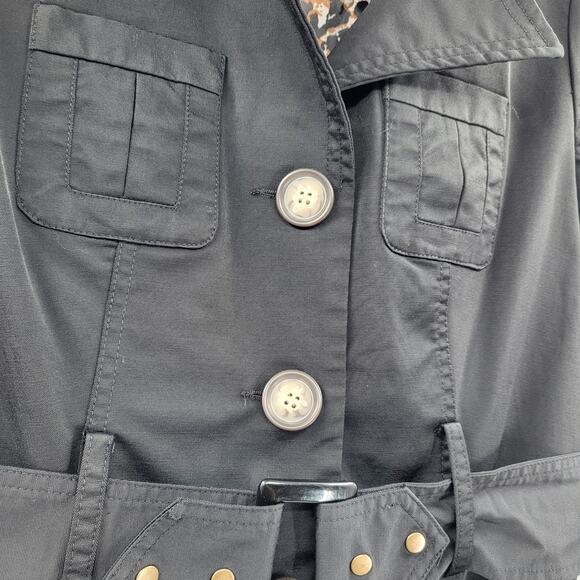 Vintage For Cynthia Black Trench Coat Leopard Print Lining Ruffled Wrists Size M - Picture 6 of 12